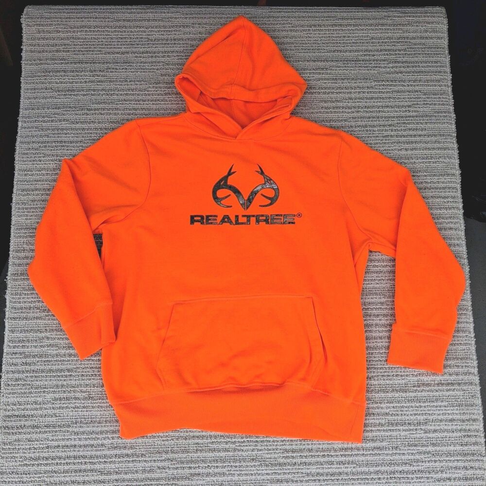 REALTREE BOYS XL BLAZE ORANGE FLEECE HOODIE HUNTING HI VIS SAFETY PULLOVER...